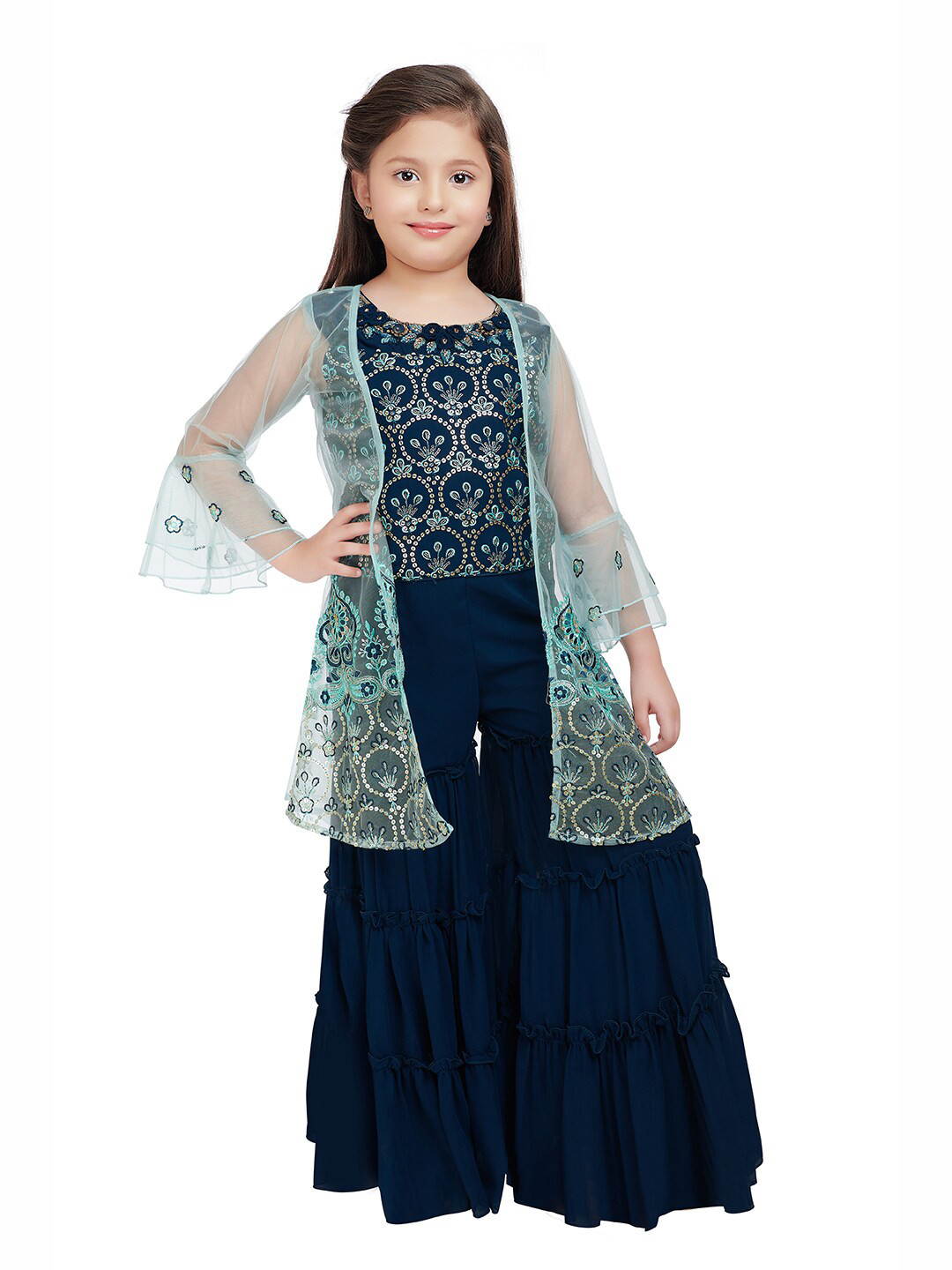 BETTY Girls Embellished Garara Set With Sequined Shrug