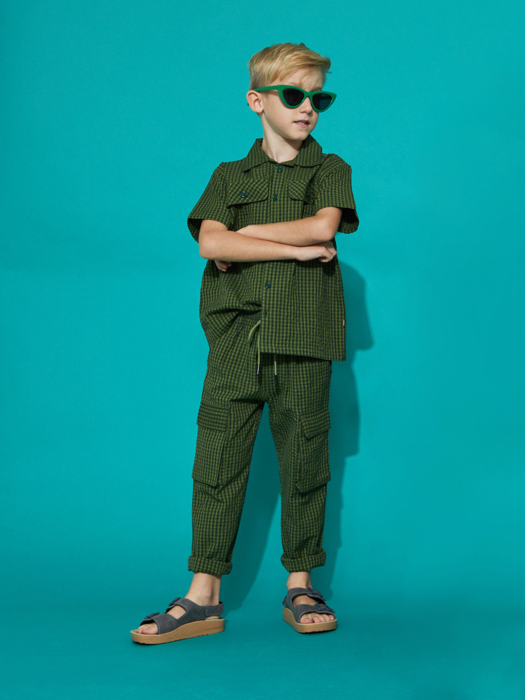 Cherry Crumble Boys Green Checked Clothing Set