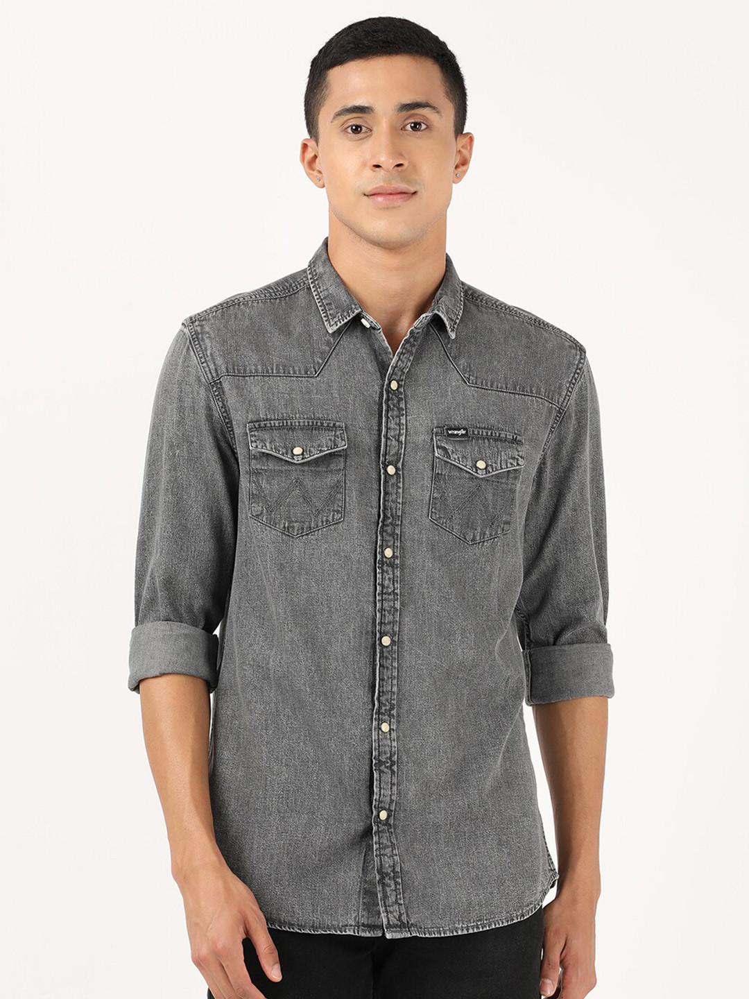 Wrangler Men Grey Classic Faded Casual Solid Regular Fit Shirt