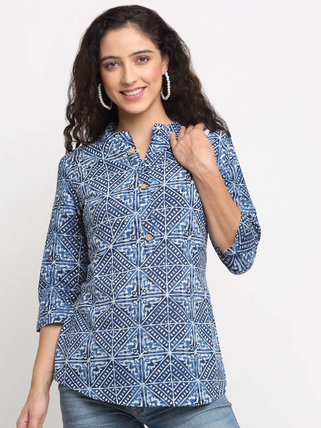 KALINI Blue Print Mandarin Collar Shirt Style Top