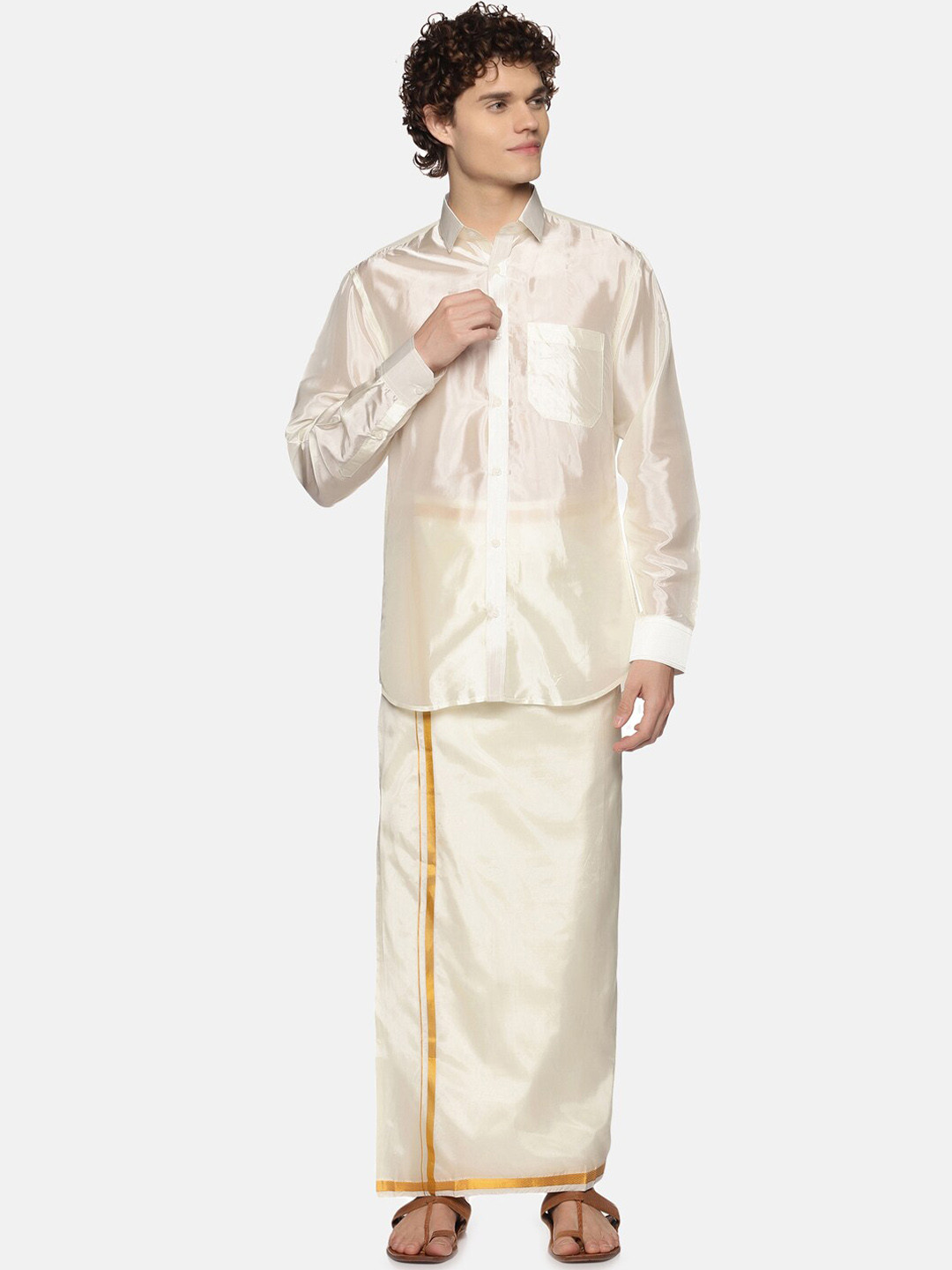Sethukrishna Men Cream-Coloured Solid Art Silk Dhoti