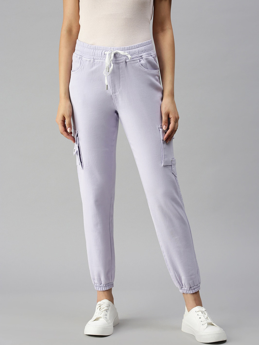 SHOWOFF Women Lavender Jogger High-Rise Low Distress Cuffed Hem Stretchable Denim Jeans