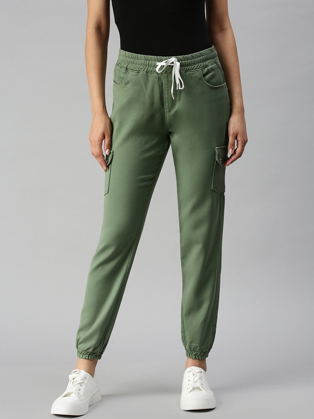 SHOWOFF Women Green Jogger High-Rise Cuffed Hem Stretchable Denim Jeans