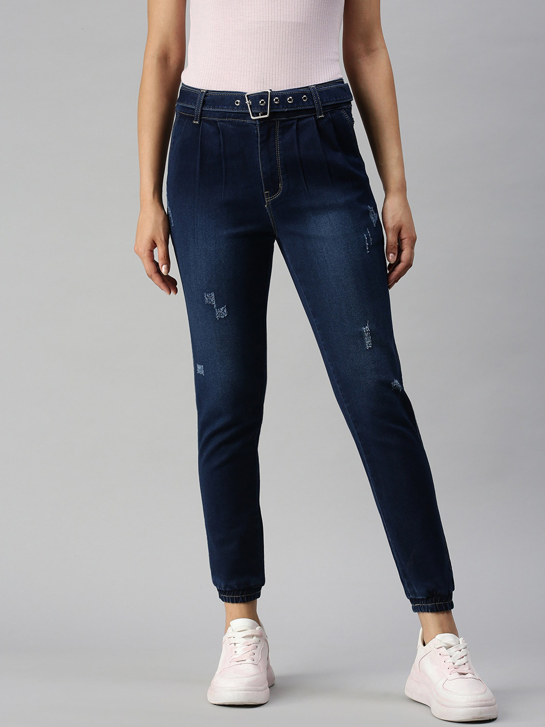 SHOWOFF Women Navy Blue Jogger High-Rise Low Distress Light Fade Cuffed Hem Stretchable Jeans