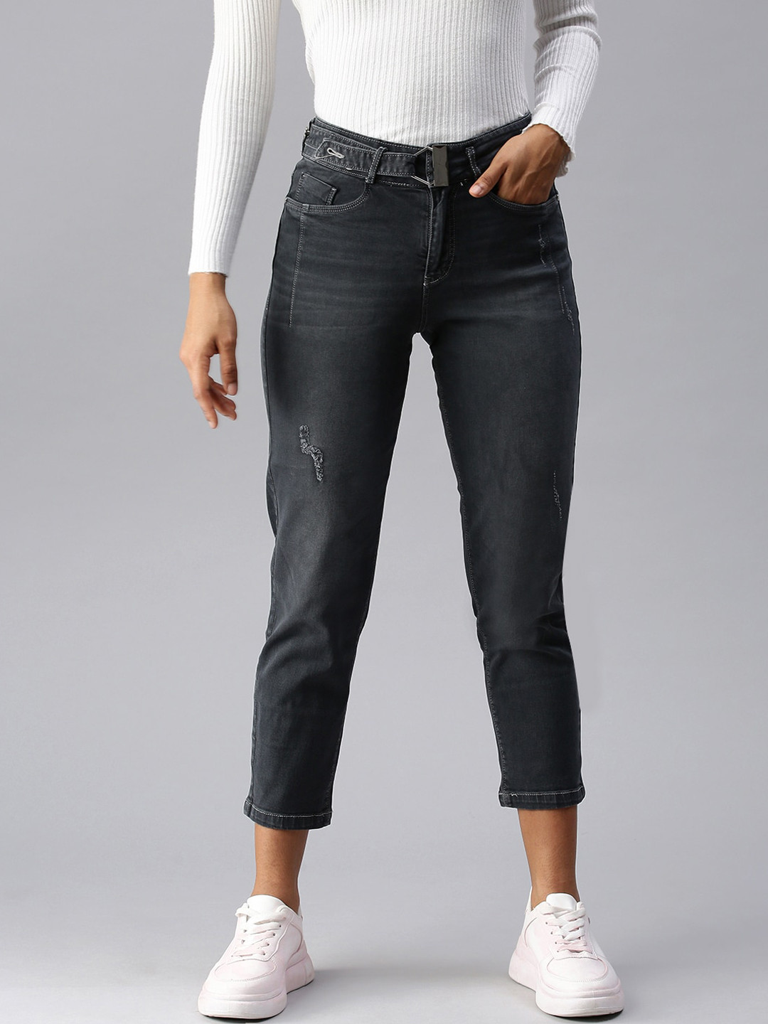 SHOWOFF Women Grey Straight Fit Low Distress Light Fade Stretchable Jeans