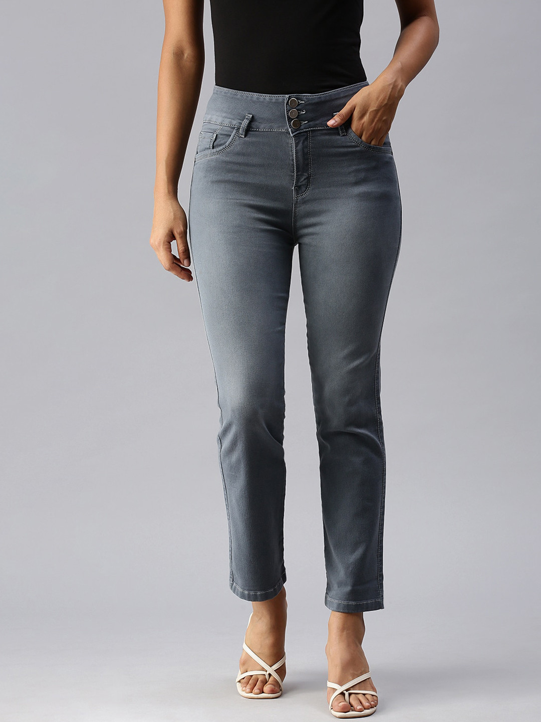 SHOWOFF Women Grey Straight Fit High-Rise Light Fade Stretchable Denim Jeans