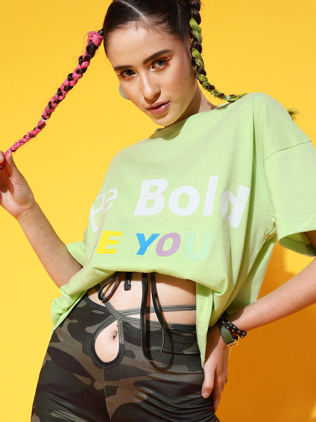 STREET 9 Women Green Printed Cotton Drop-Shoulder Sleeves Bio Finish T-shirt