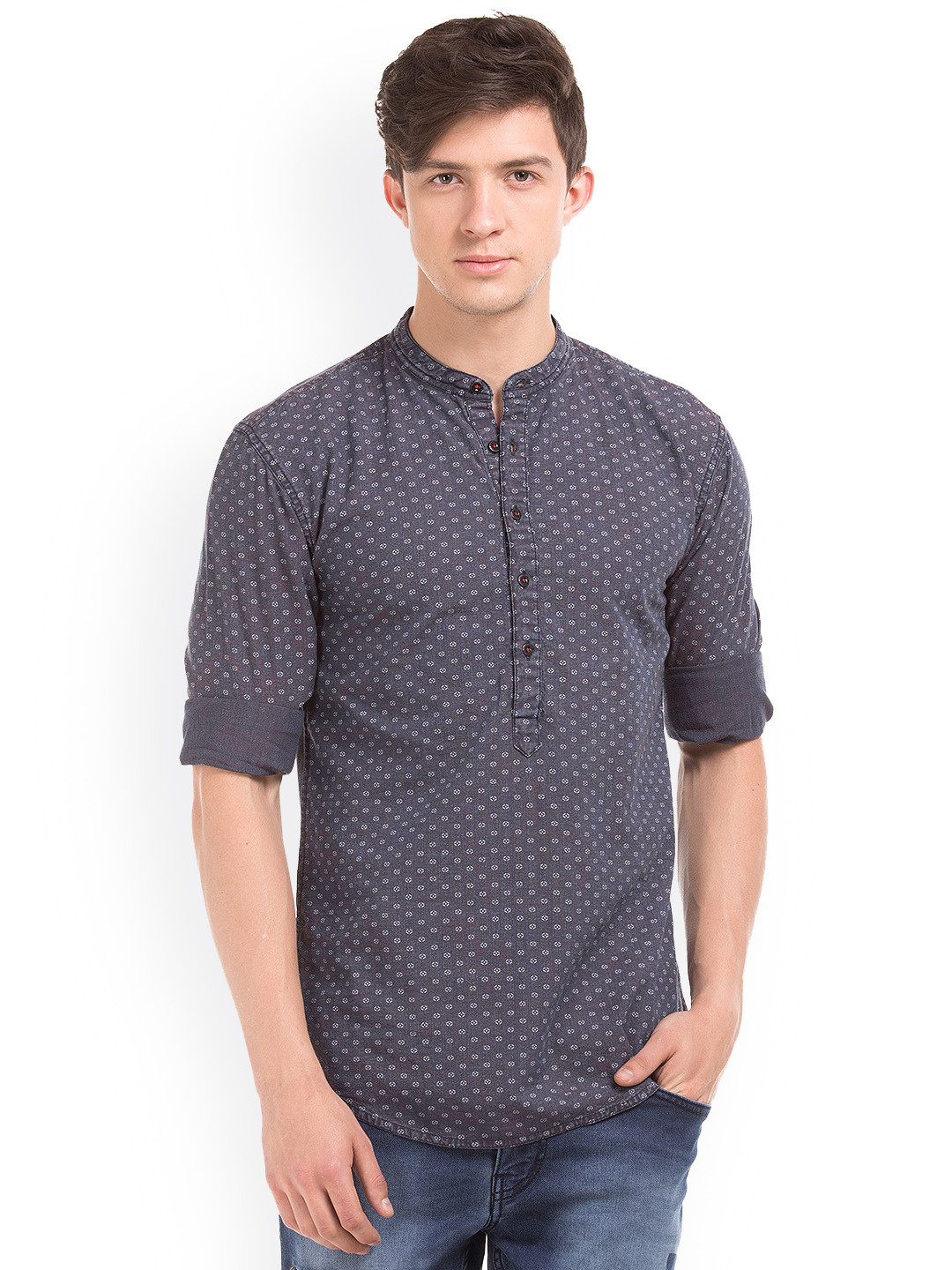 Breakbounce Men Charcoal Grey Slim Fit Printed Casual Shirt