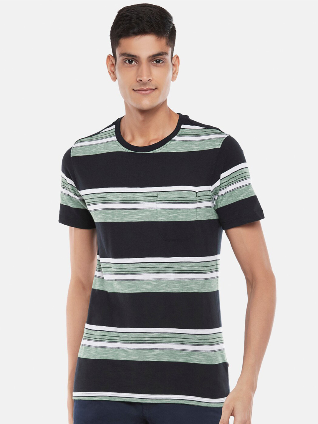 Urban Ranger by pantaloons Men Navy Blue & Sea Green Striped Slim Fit T-shirt