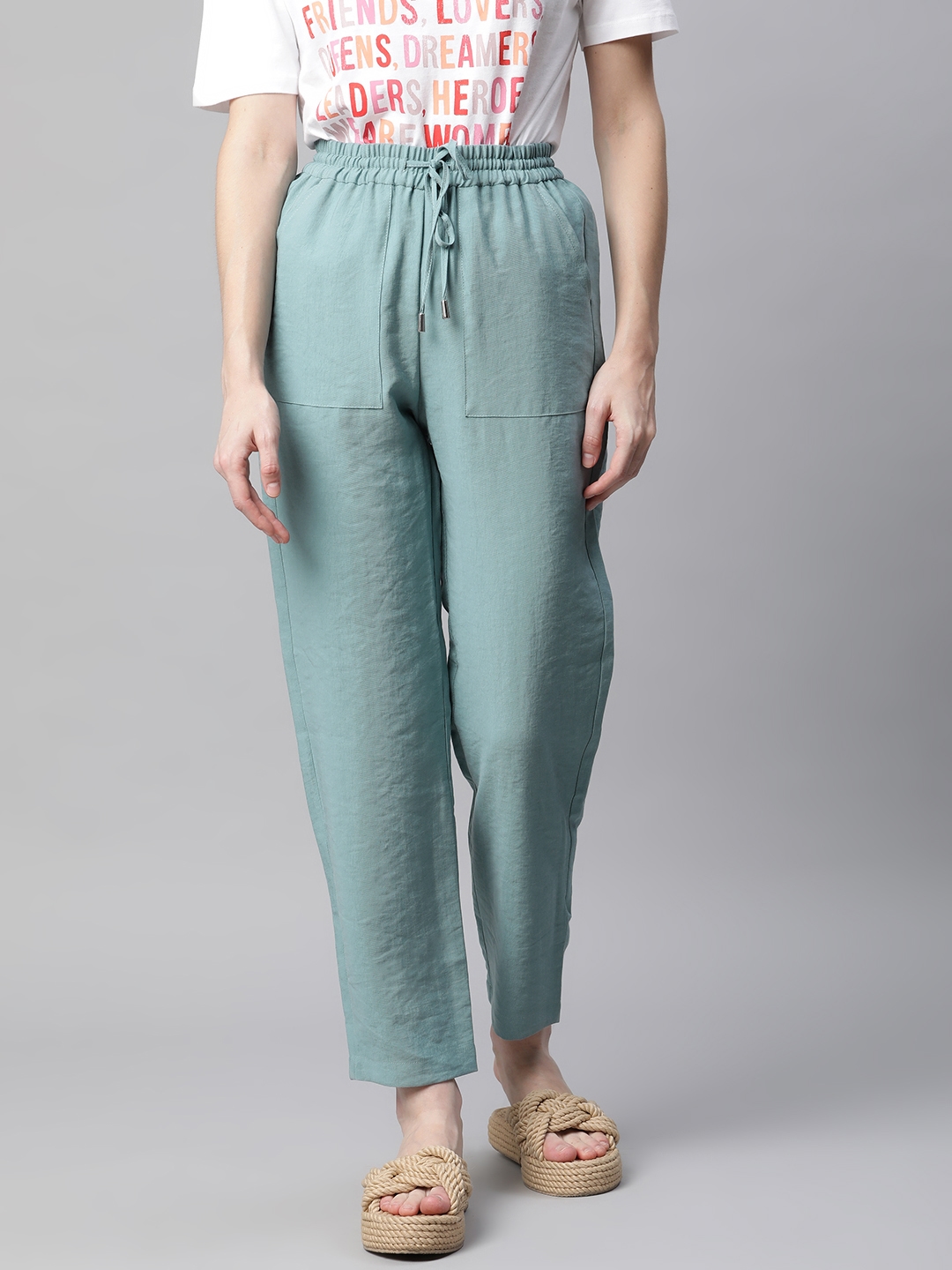 Marks & Spencer Women Sea Green Solid Trouser