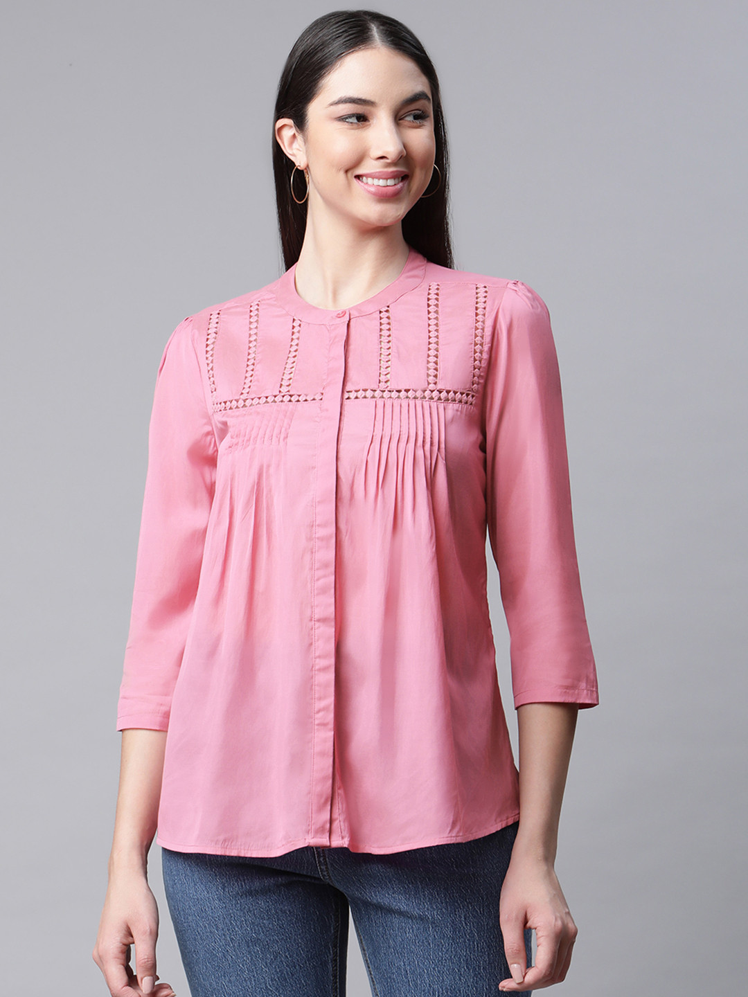 Marks & Spencer Pink Mandarin Collar Pintucks Shirt Style Top