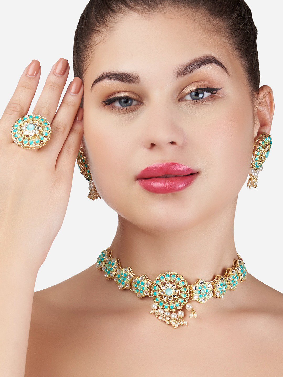 Zaveri Pearls Women Turquoise Blue & Gold-Toned Jewellery Set