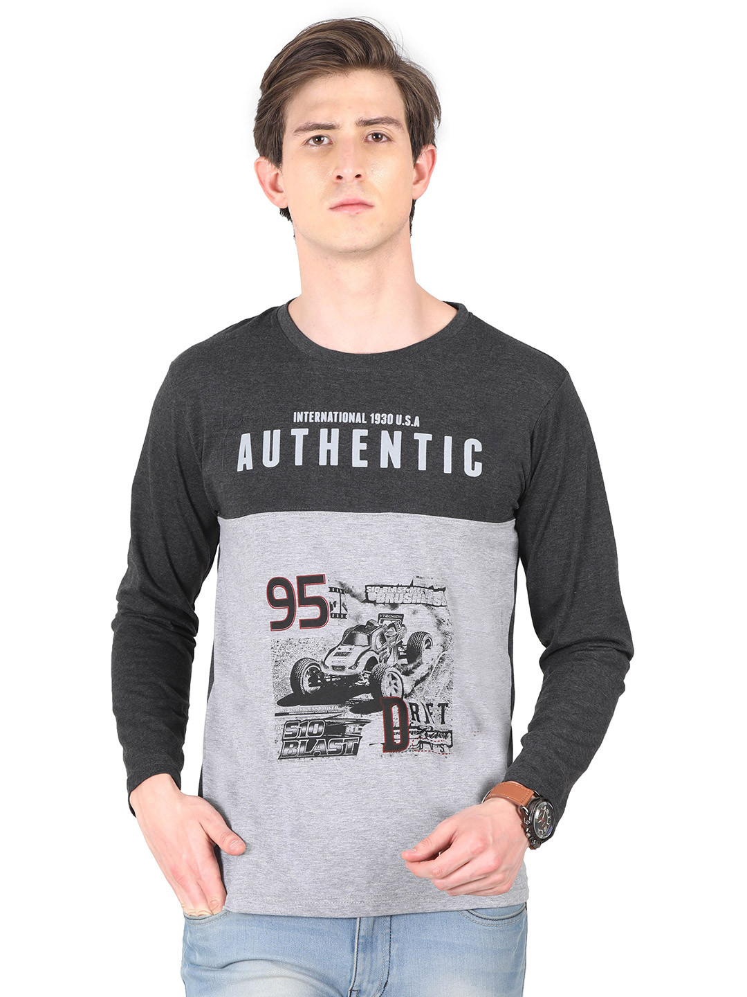 Fleximaa Men Multicoloured Biker Printed Drop-Shoulder Sleeves Applique T-shirt