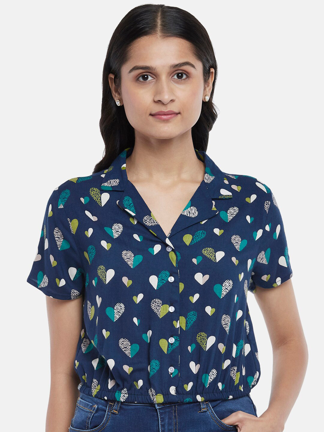 People Women Navy Blue Conversational Printed Crop Length Casual Shirt