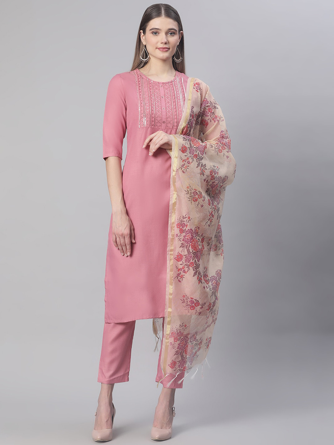 Sringam Women Mauve Yoke Design Solid Cotton Kurta Set