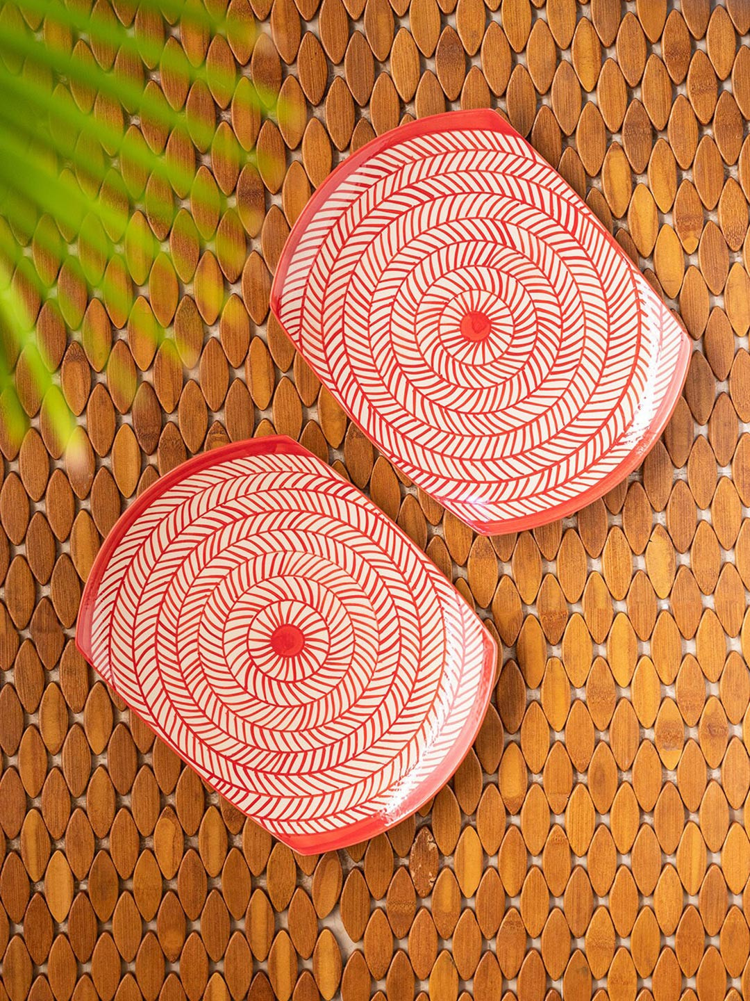 ExclusiveLane Set Of 2 Red Chevrons Hand Painted Ceramic Serveware Platter