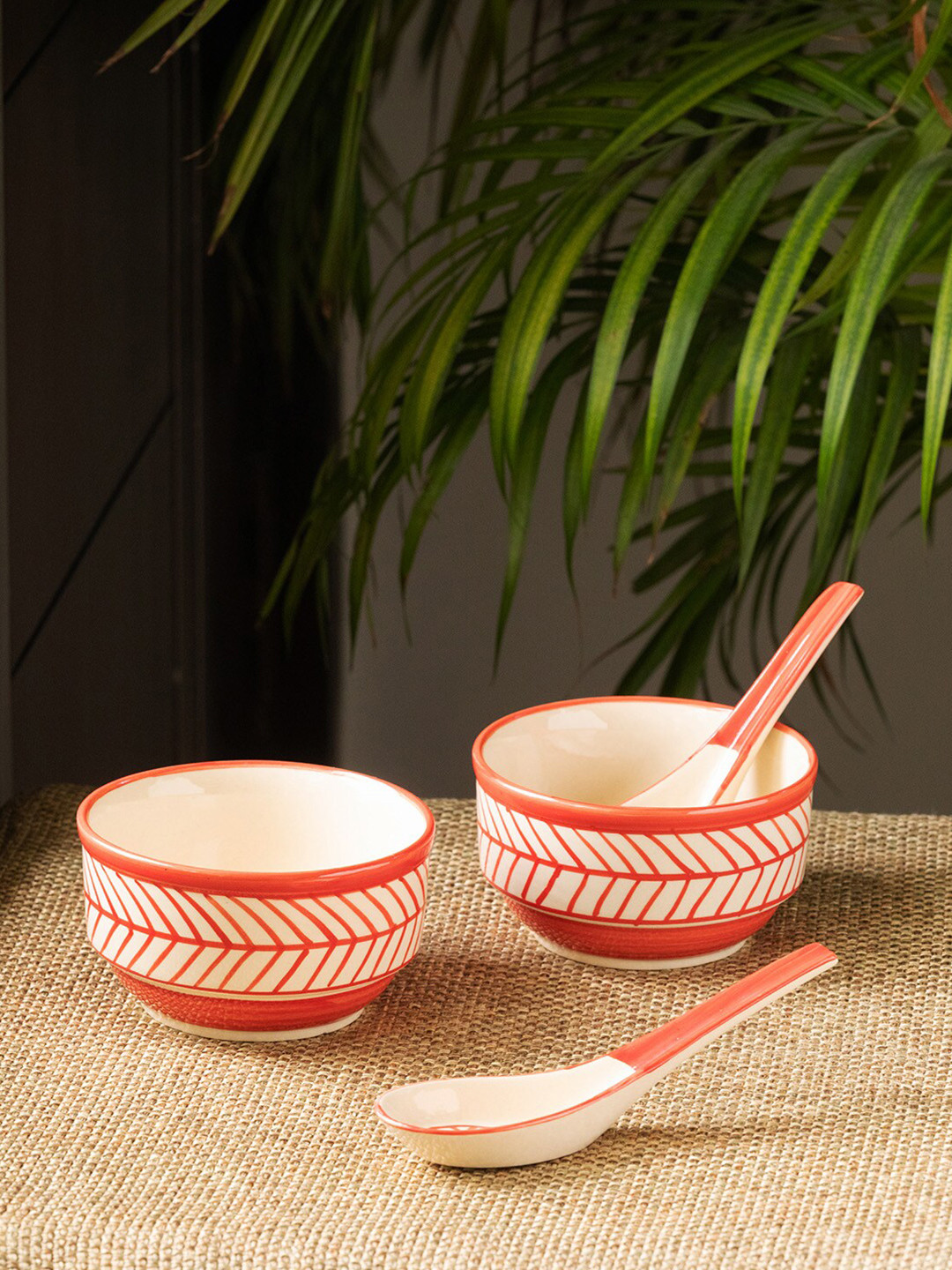 ExclusiveLane Red Chevrons Hand Crafted Red Ceramic Microwave Safe 4 Piece Dinner Set