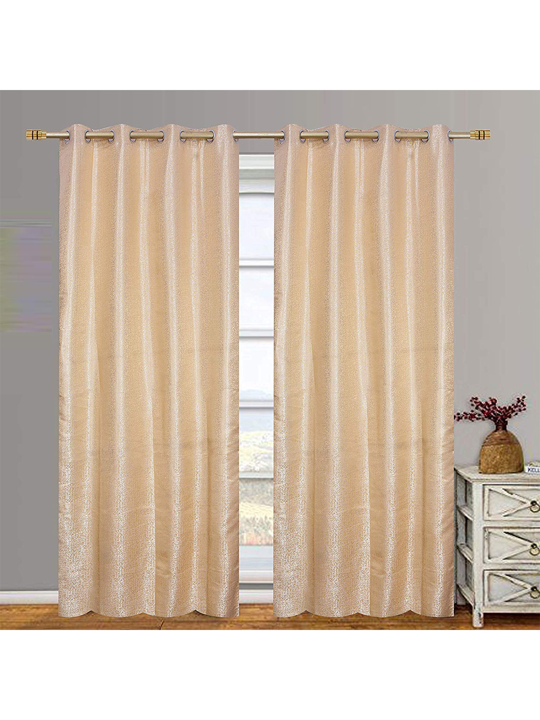 Fresh From Loom Cream-Coloured & Silver-Toned Set of 2 Room Darkening Long Door Curtains