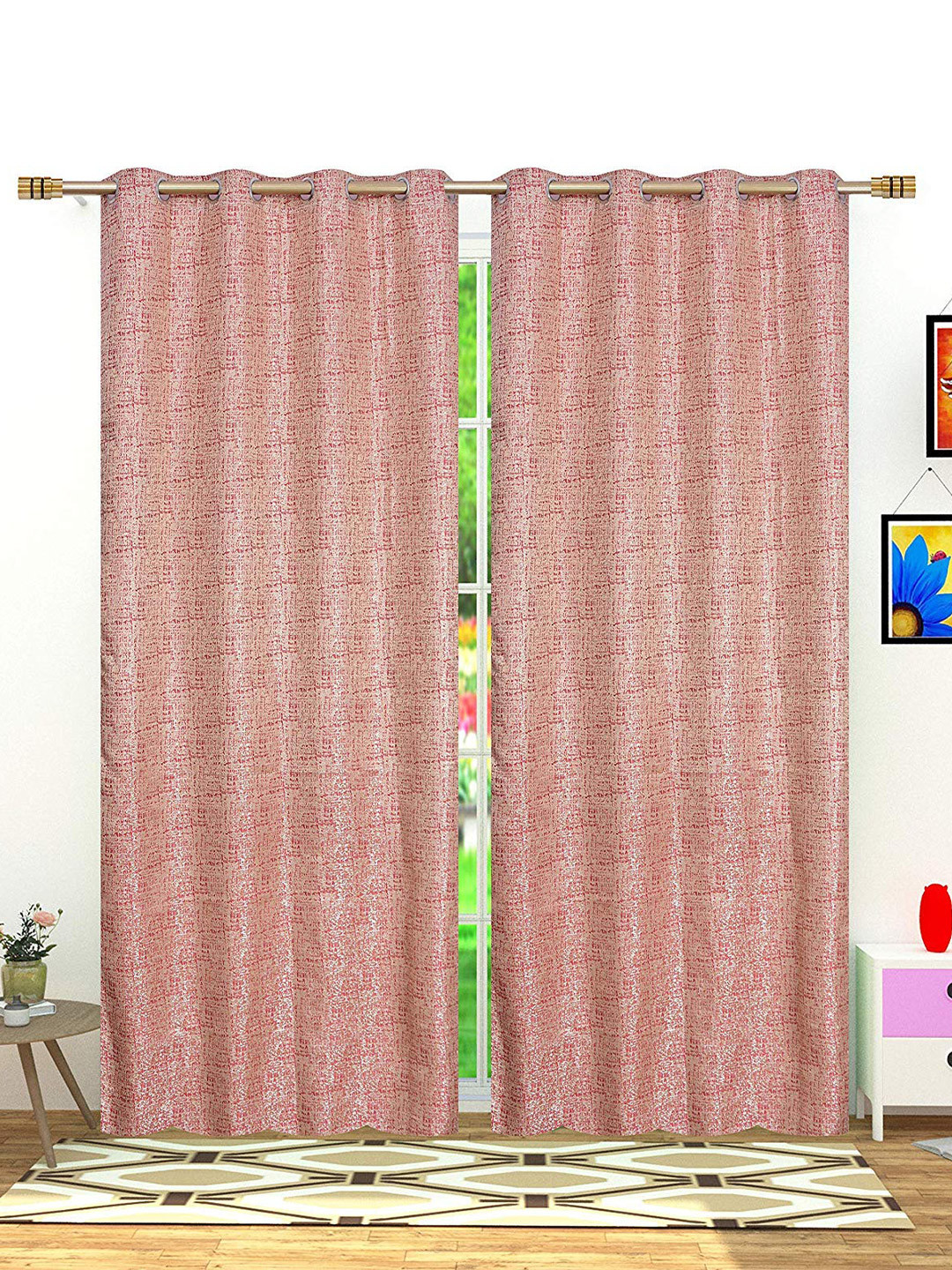 Fresh From Loom Red & Beige Set of 2 Room Darkening Window Curtain