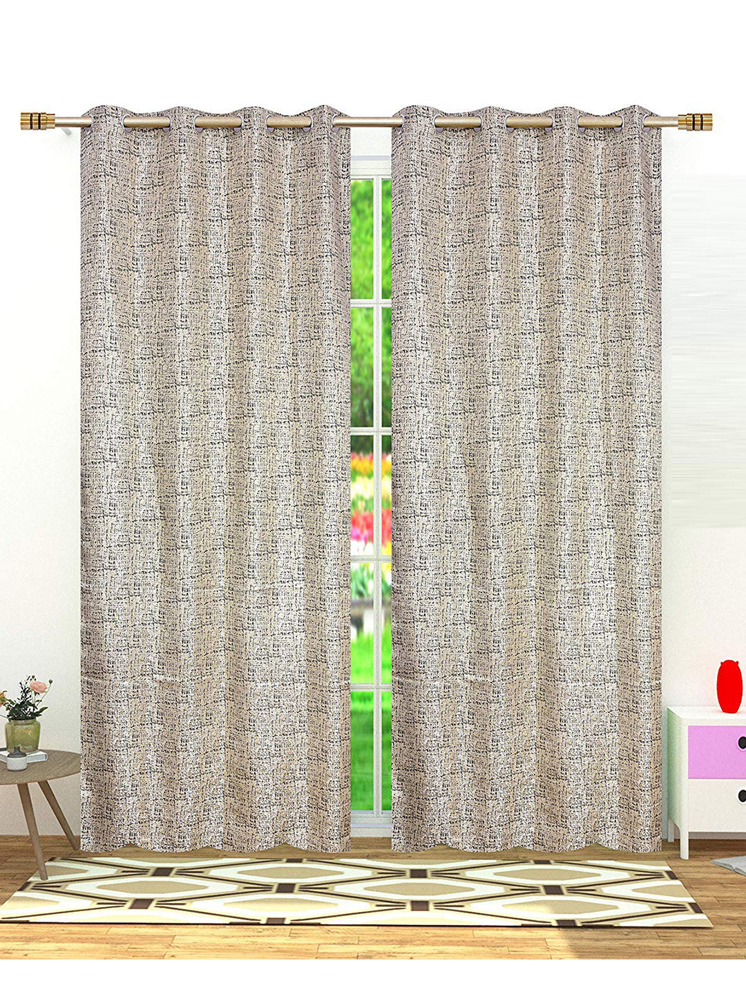 Fresh From Loom Black & Beige Set of 2 Room Darkening Window Curtain