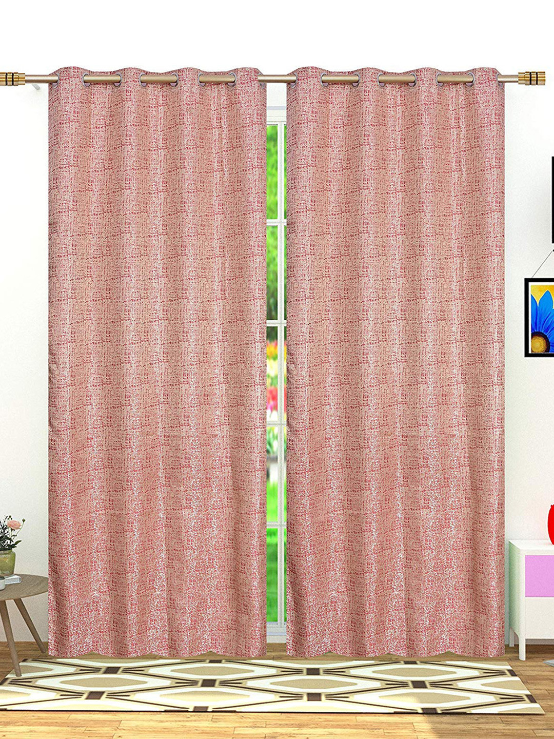 Fresh From Loom Red & Silver-Toned Set of 2 Room Darkening Long Door Curtain