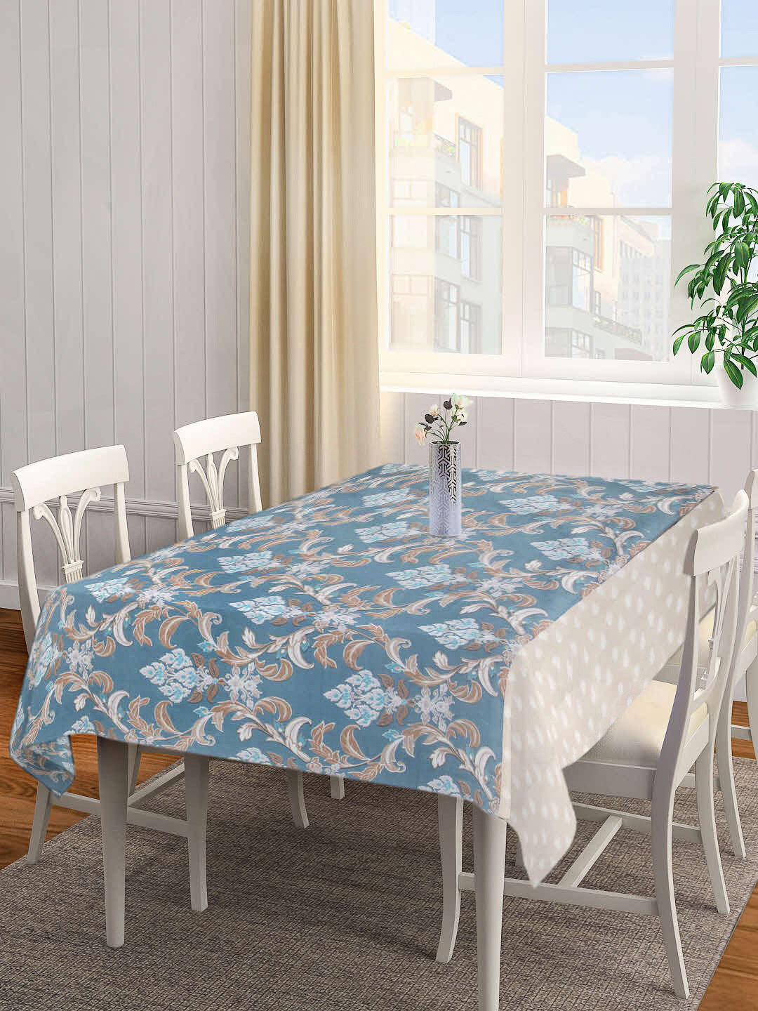 Arrabi Blue & Beige Ethnic Motif Printed 6-Seater Table Cover