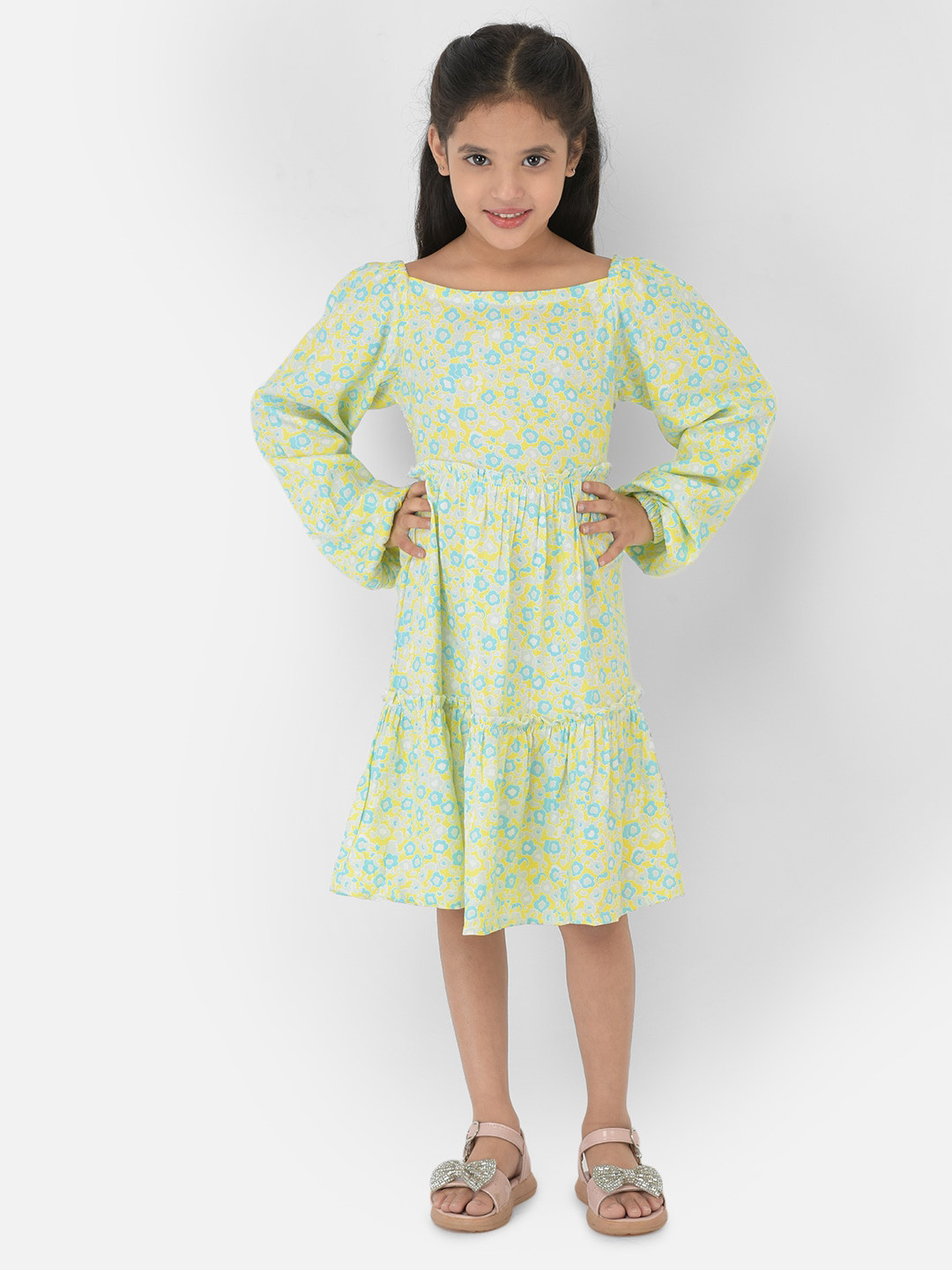 Crimsoune Club Girls Multicoloured Floral Crepe Square Neck A-Line Dress