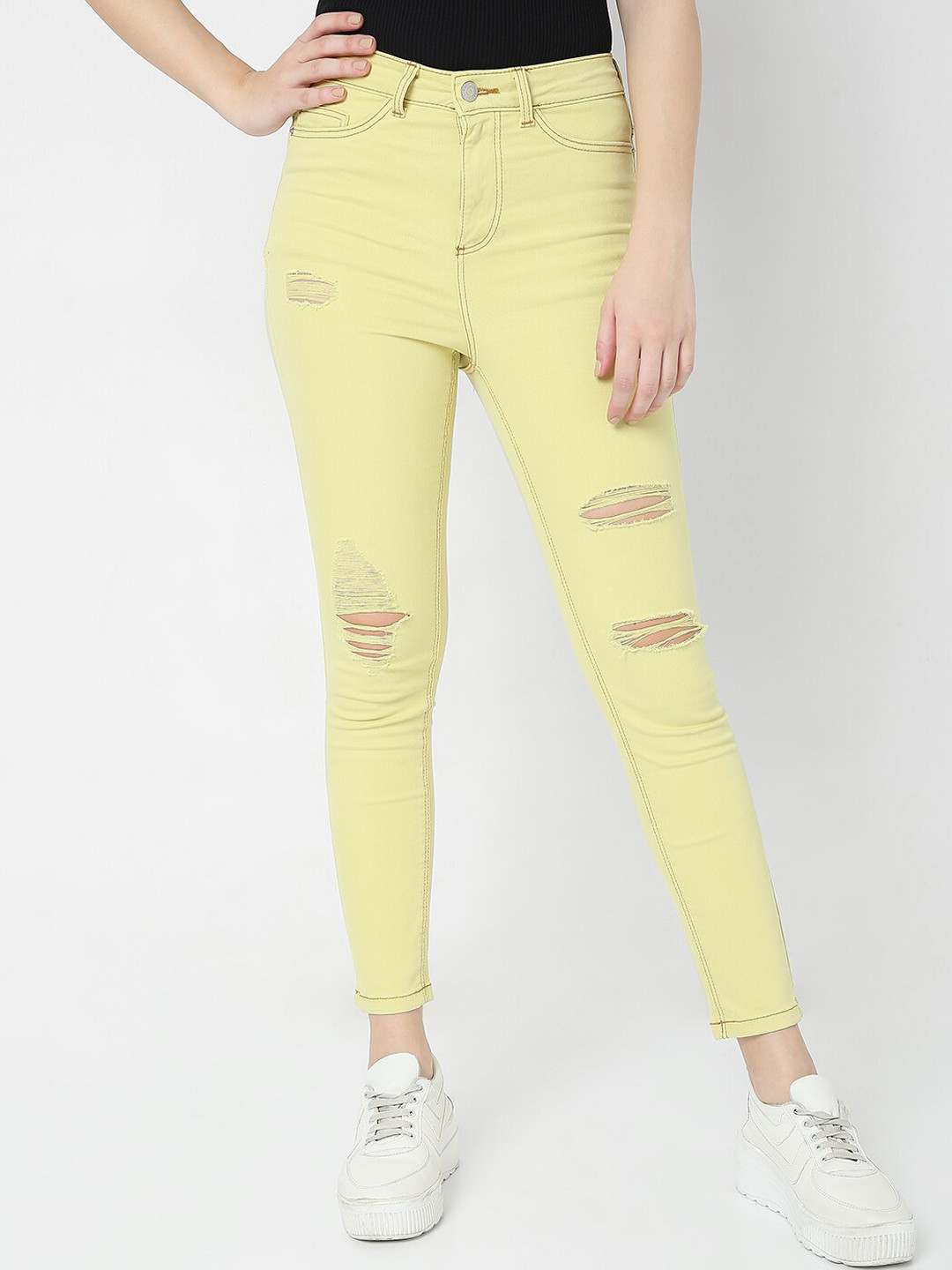 Vero Moda Women Green Skinny Fit High-Rise Slash Knee Jeans