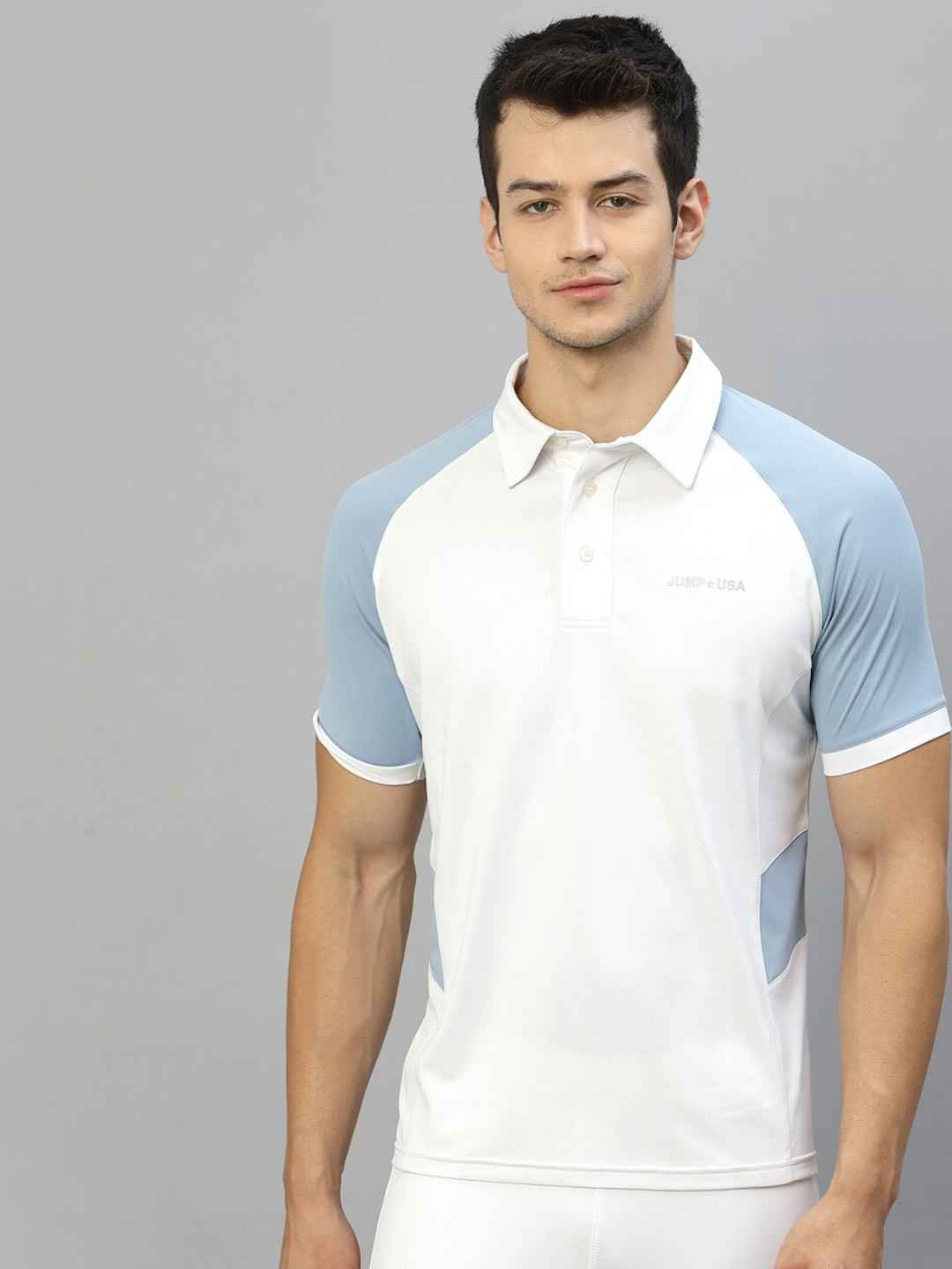 JUMP USA Men White & Blue Colourblocked Polo Collar  T-shirt