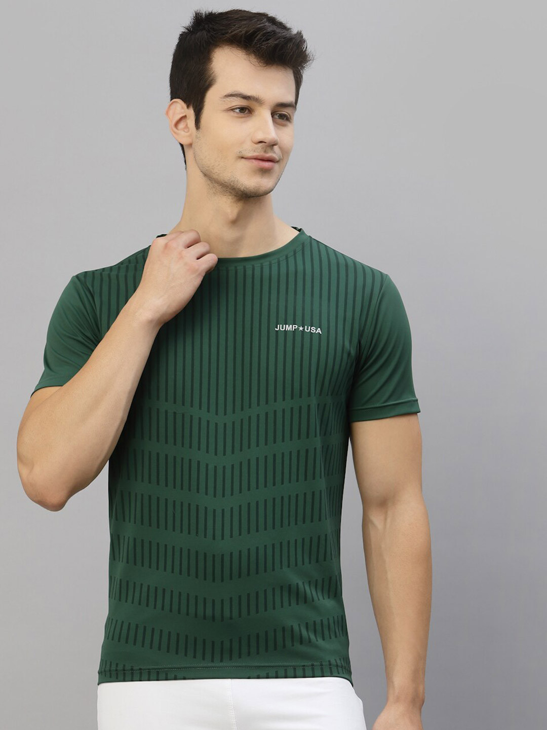 JUMP USA Men Green Striped Rapid Dry T-shirt