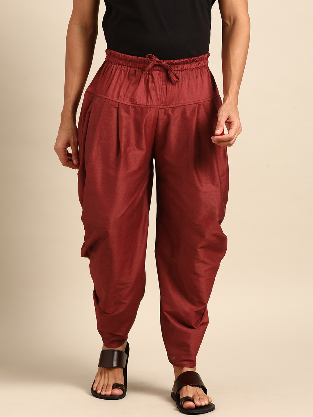 Amodh by Kisah Men Maroon Solid Cotton Dhoti Pants