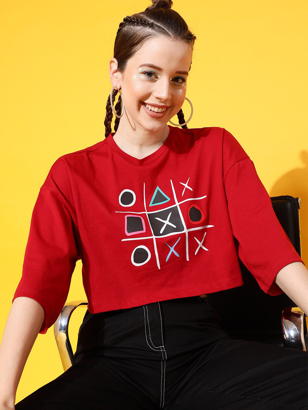 STREET 9 Women Deep Red Printed Bio-Finish Boxy Fit T-shirt