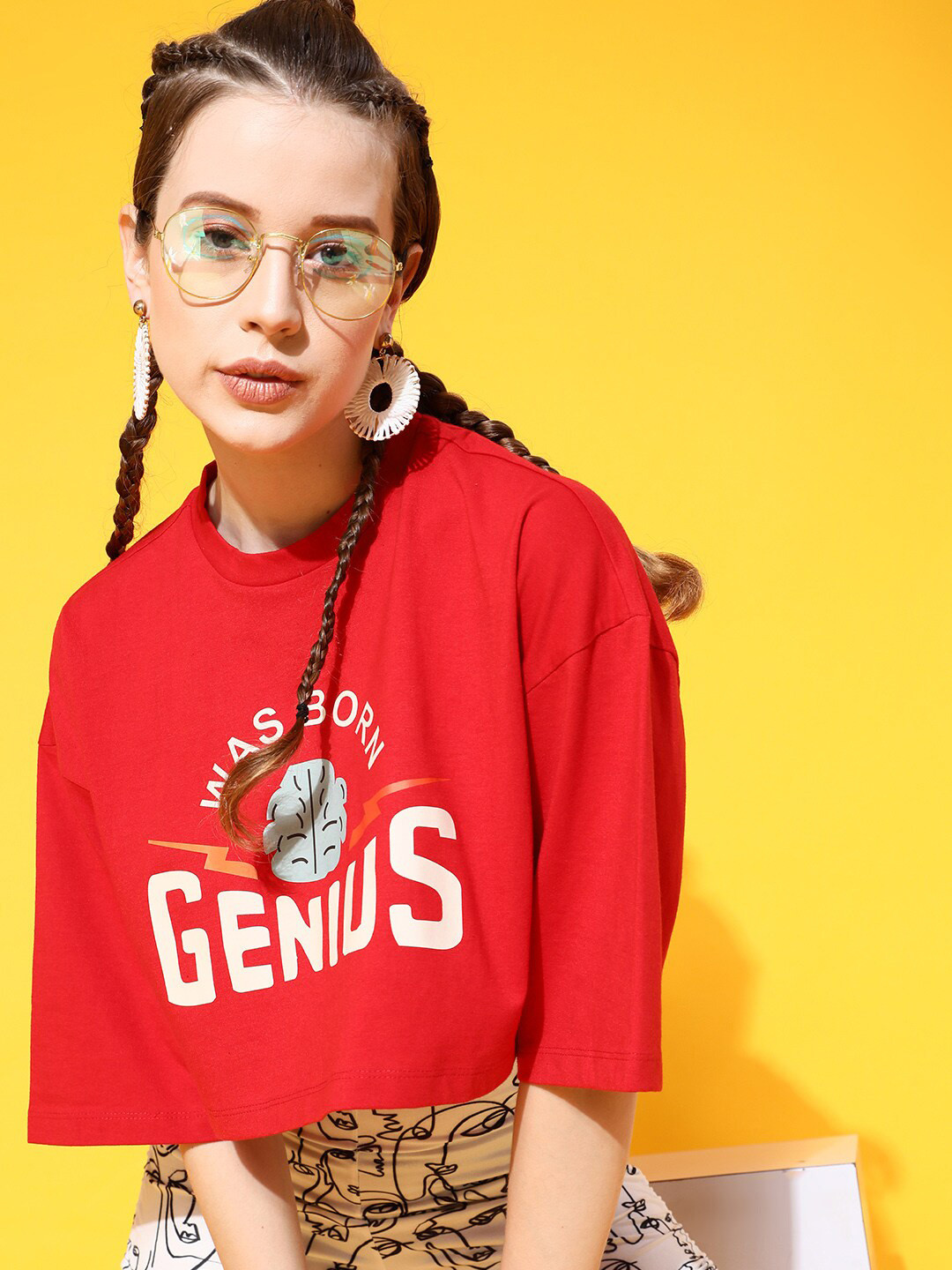 STREET 9 Women Deep Red Graphic Boxy Fit Tshirt