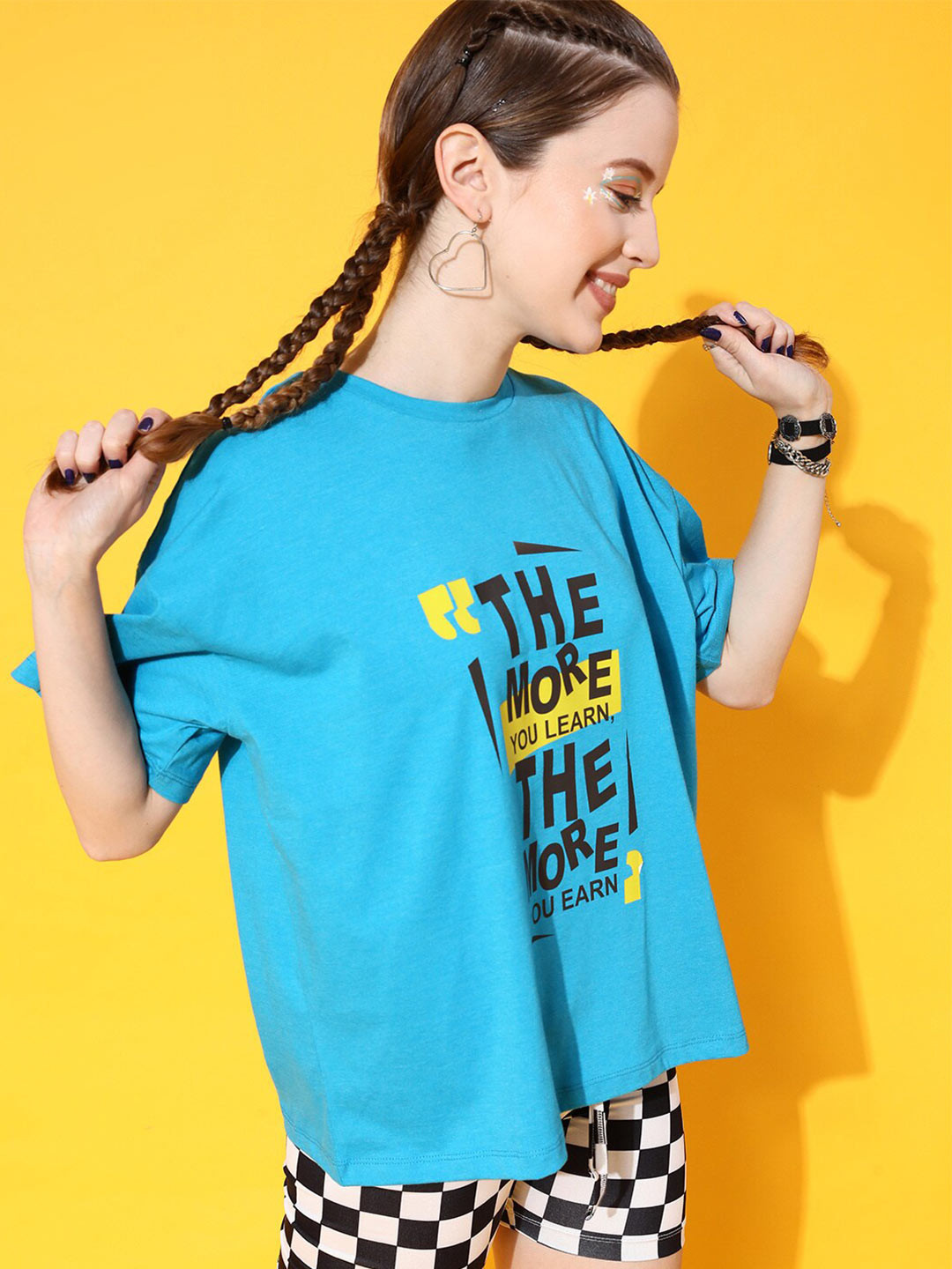STREET 9 Women Turquoise Blue Typography Printed Bio Finish Oversized  T-shirt
