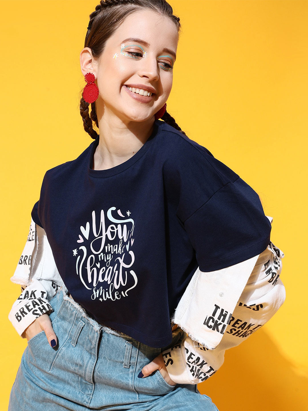 STREET 9 Women Navy Blue Typography Tshirt