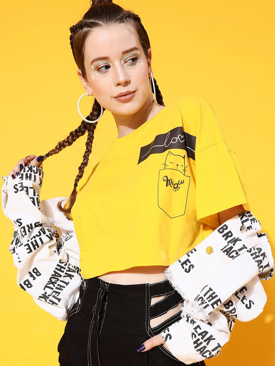 STREET 9 Women Yellow Abstract Pure Cotton Boxy Fit Tshirt