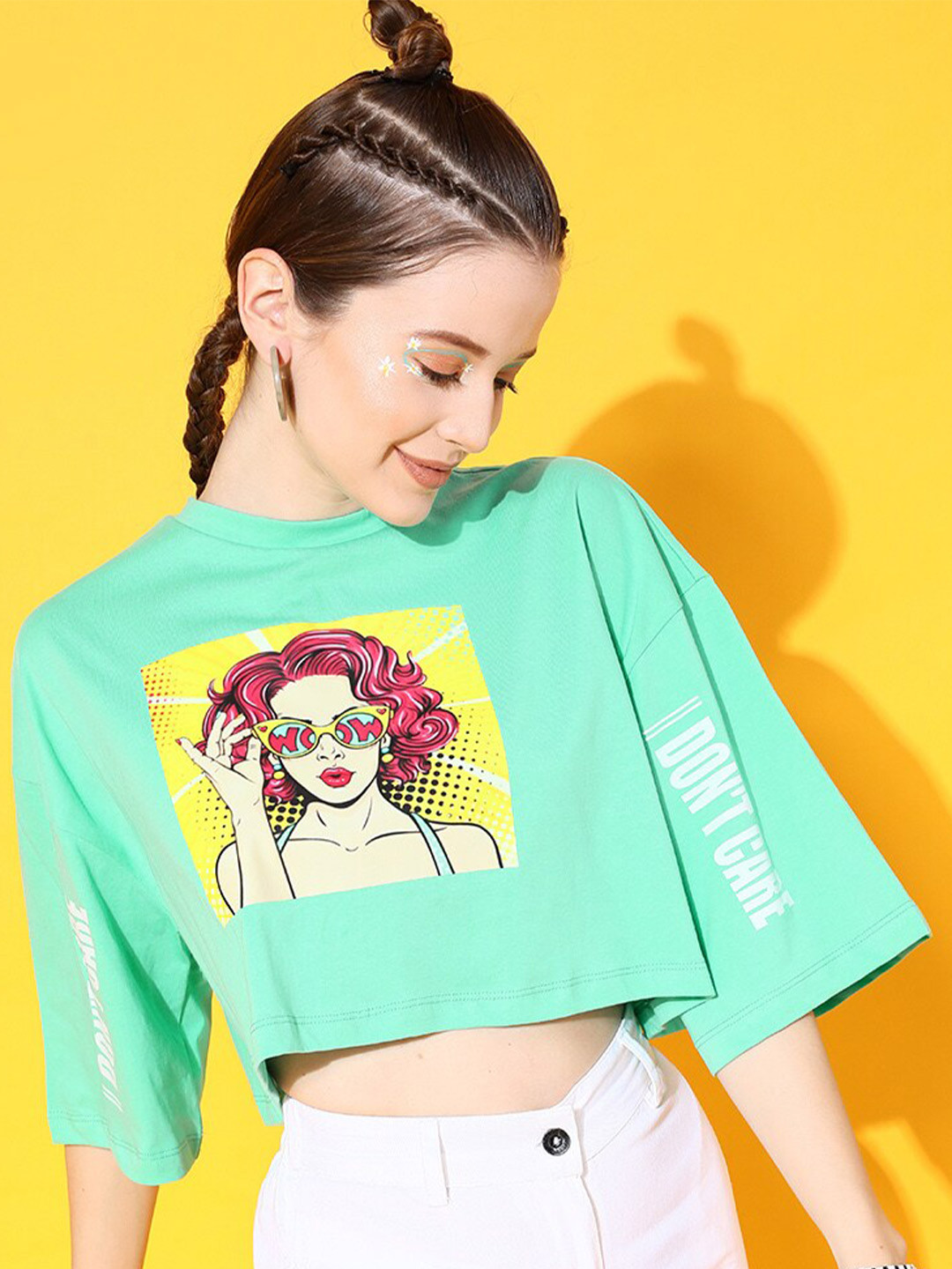 STREET 9 Women Sea Green Printed Boxy Fit Tshirt