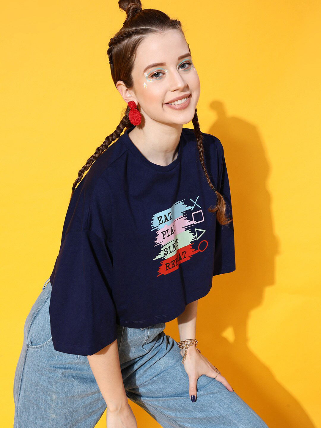 STREET 9 Women Navy Blue Boxy Crop Tshirt