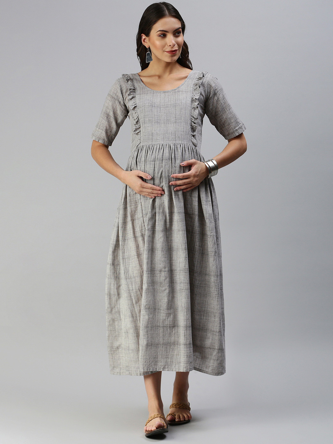 Swishchick Grey Woven Design Handloom Maternity A-Line Midi Dress