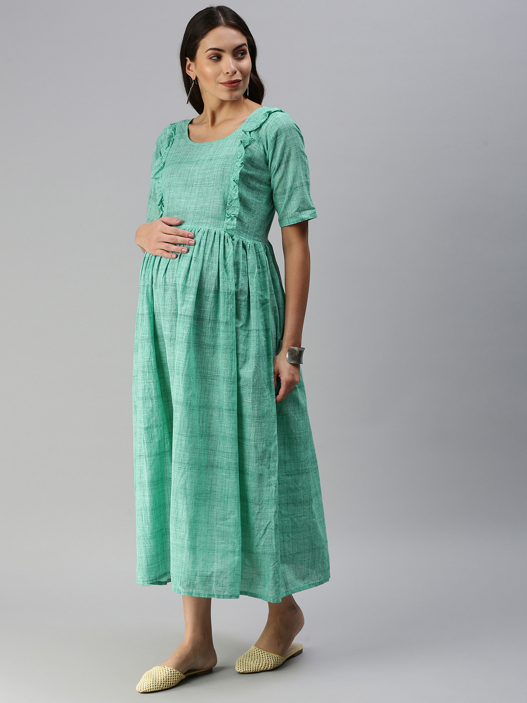 Swishchick Sea Green Woven Design Handloom Maternity A-Line Midi Dress
