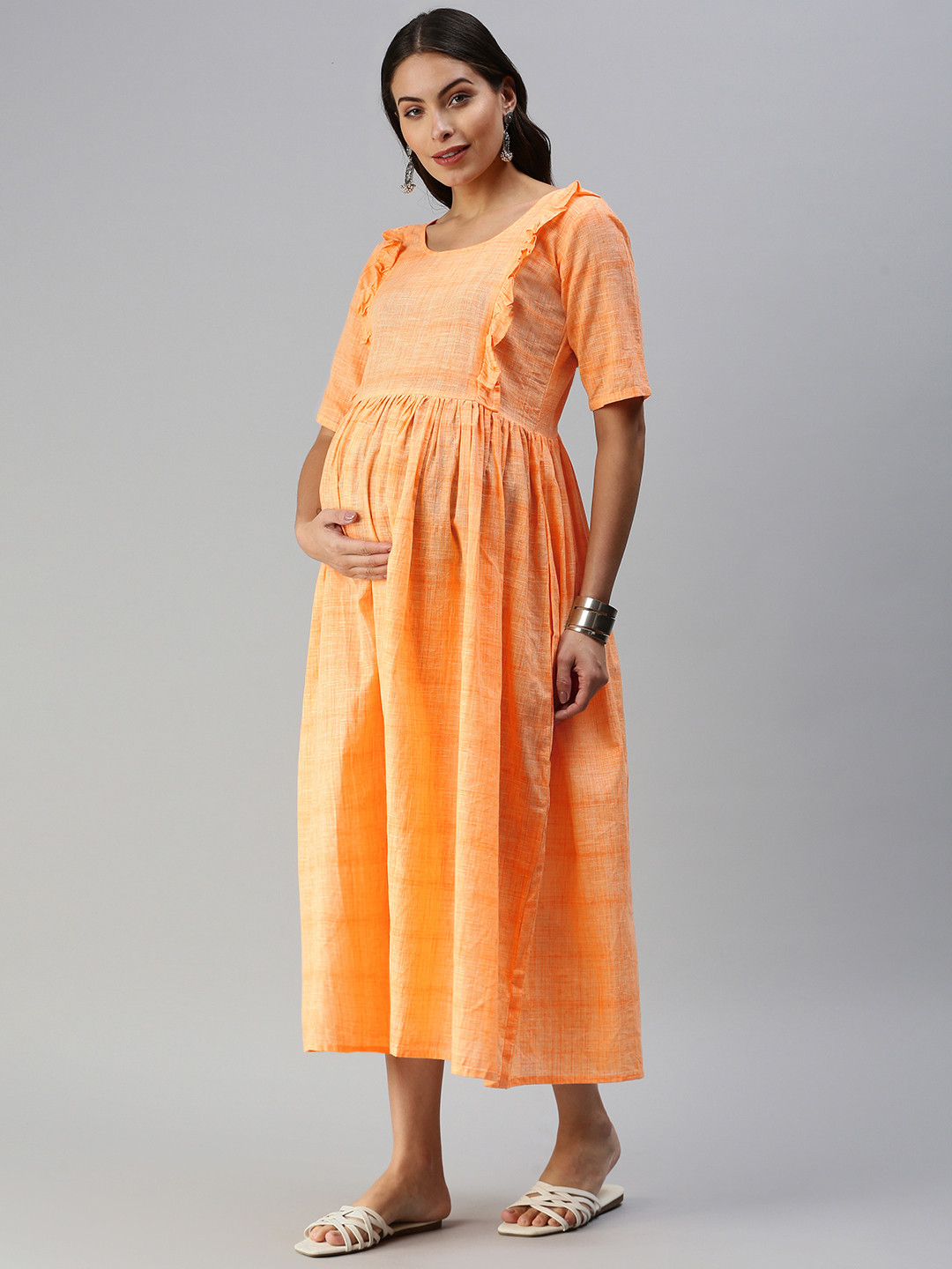 Swishchick Coral Orange Woven Design Handloom Maternity A-Line Midi Dress