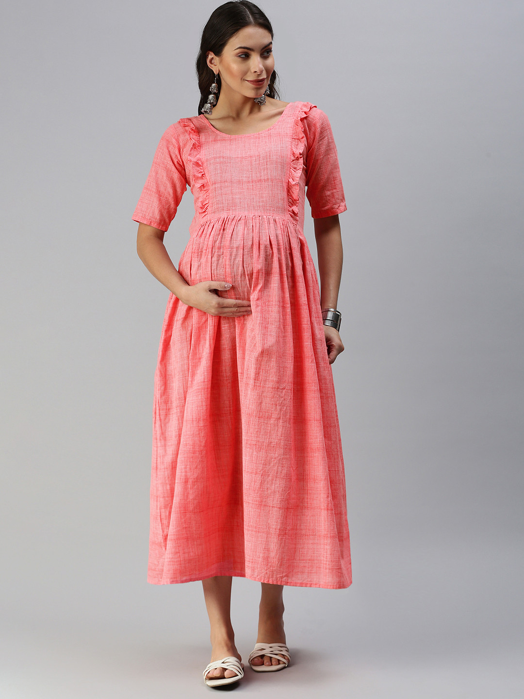 Swishchick Pink Woven Design Handloom Maternity A-Line Midi Dress