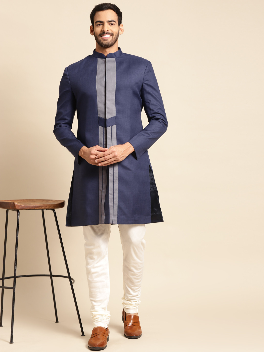 KISAH Men Navy Blue & White Indowestern Sherwani Set