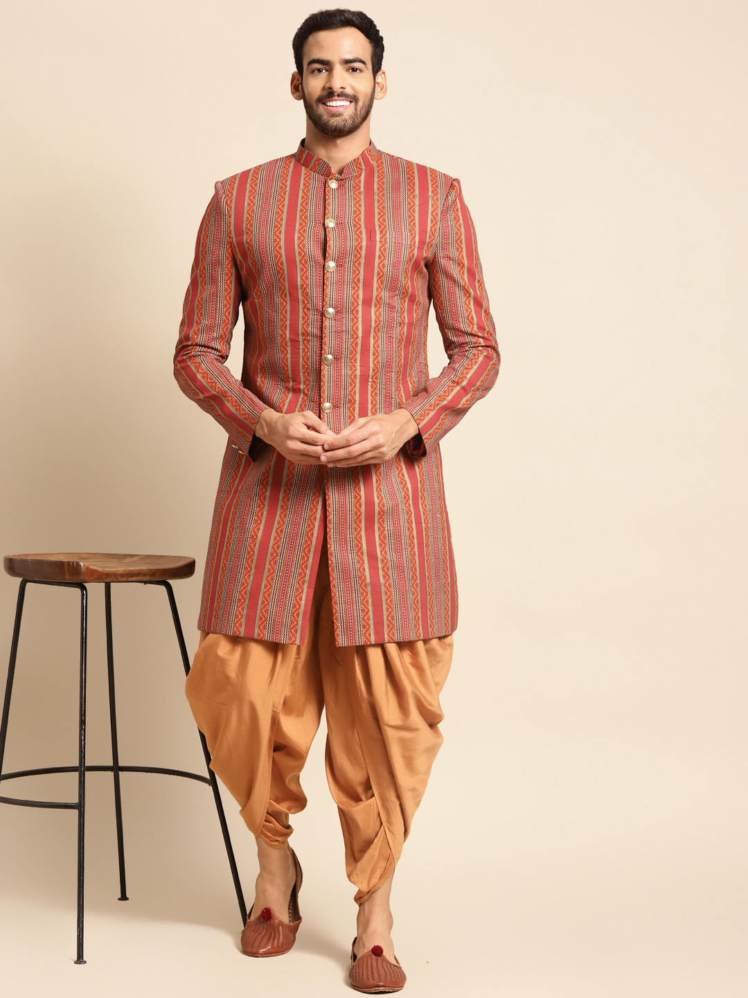 KISAH Men Red & Black Self Design Indowestern Sherwani Set