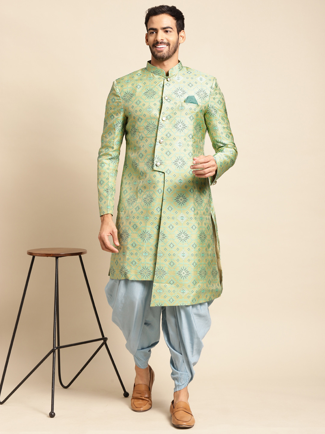 KISAH Men Woven Design Indowestern Sherwani & Dhoti Pant Set