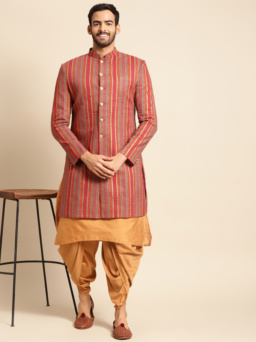 KISAH Men Red & Mustard Striped Indowestern Sherwani Set