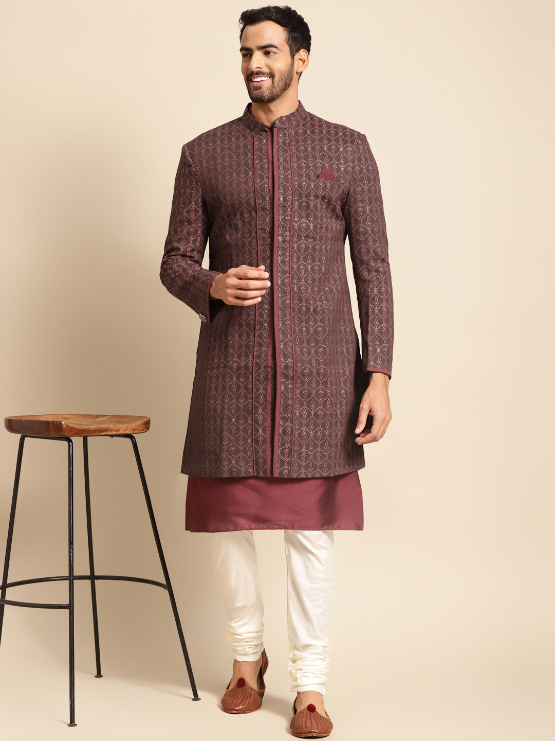 KISAH Men Maroon & White Indowestern Sherwani Set