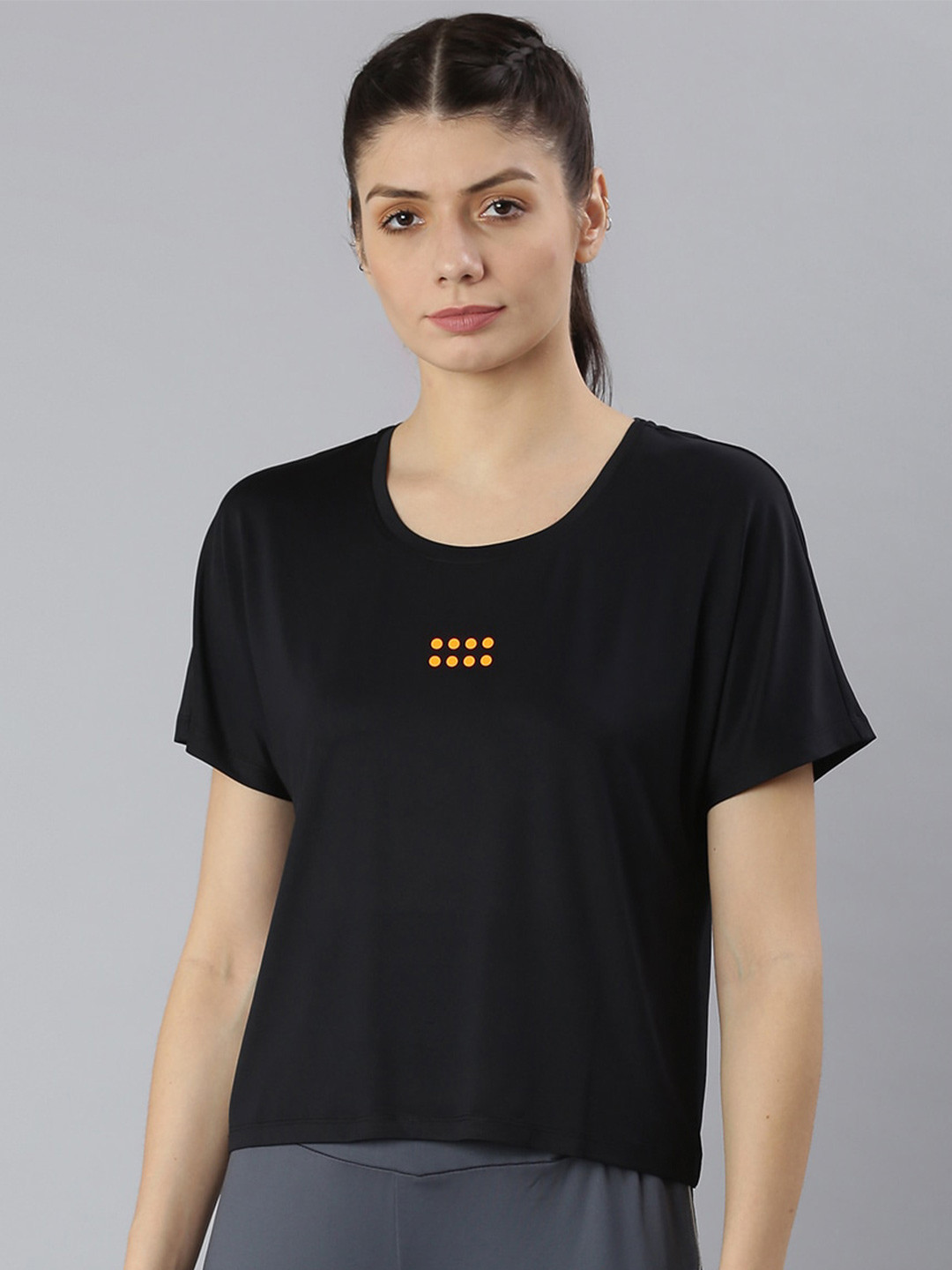 MKH Women Black Dri-FIT Applique Sports T-shirt