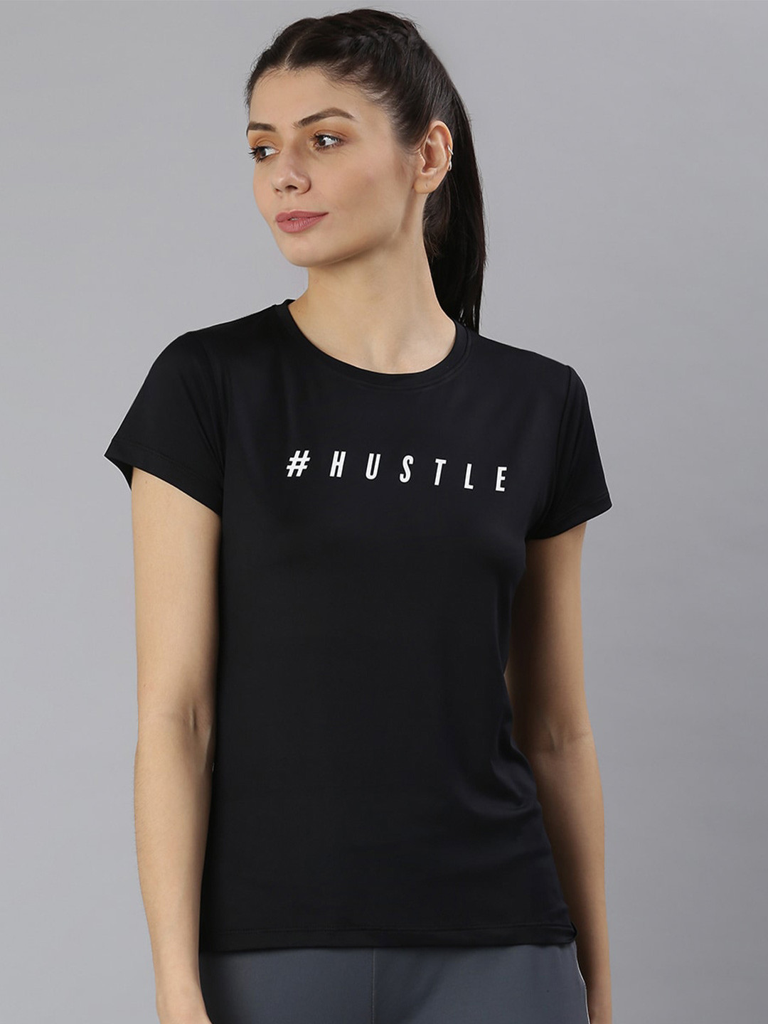 MKH Women Black Typography Printed Dri-FIT Sports T-shirt