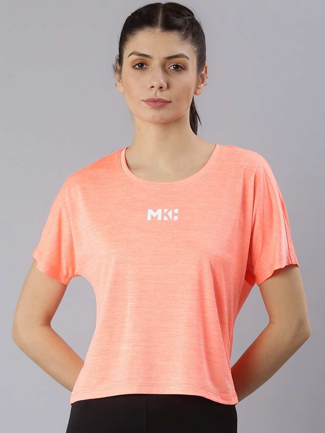 MKH Women Orange Typography Drop-Shoulder Sleeves Dri-FIT Sports T-shirt